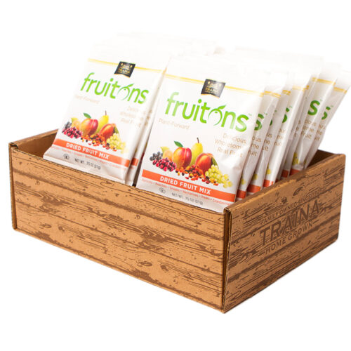 Box of fruitons® Dried Fruit Mix featuring 18 individual .75 oz snack bags, showcasing a blend of seven dried fruits - Dark Raisins, Golden Raisins, Apricots, Peaches, Nectarines, Pears, and Cranberries. Perfect for snacks and sharing!