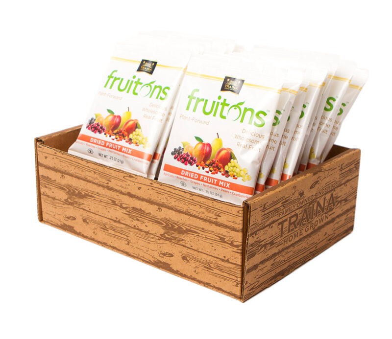 Box of fruitons® Dried Fruit Mix featuring 18 individual .75 oz snack bags, showcasing a blend of seven dried fruits - Dark Raisins, Golden Raisins, Apricots, Peaches, Nectarines, Pears, and Cranberries. Perfect for snacks and sharing!