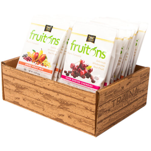 Traina Home Grown Fruitons Dried Fruit Variety Pack, 18 count box with 6 bags each of Apricot Strips, Natural Cherries, and Dried Fruit Mix in single-serving 0.75 oz bags.