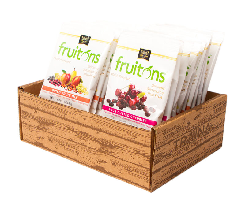 Traina Home Grown Fruitons Dried Fruit Variety Pack, 18 count box with 6 bags each of Apricot Strips, Natural Cherries, and Dried Fruit Mix in single-serving 0.75 oz bags.