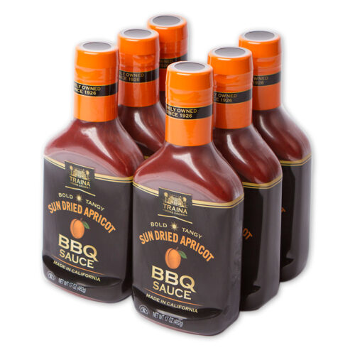 Case of six 17 oz bottles of Sun Dried Apricot BBQ Sauce, packed and ready for use.