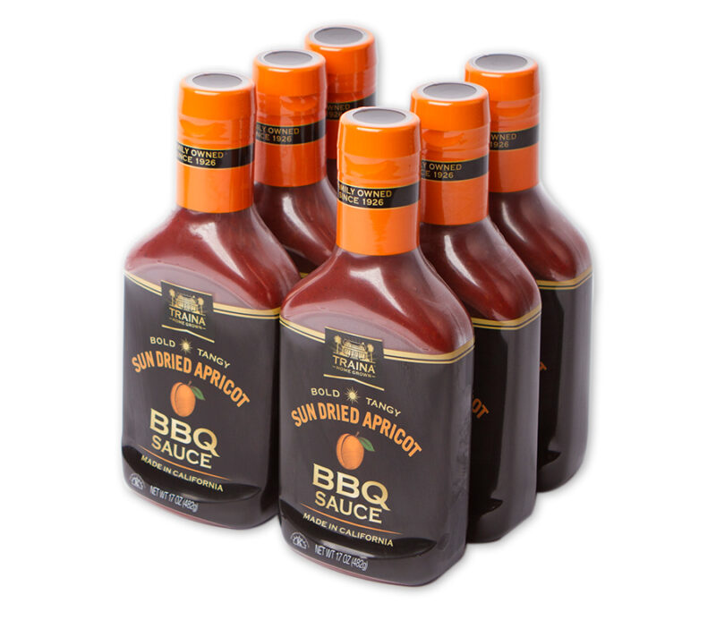 Case of six 17 oz bottles of Sun Dried Apricot BBQ Sauce, packed and ready for use.