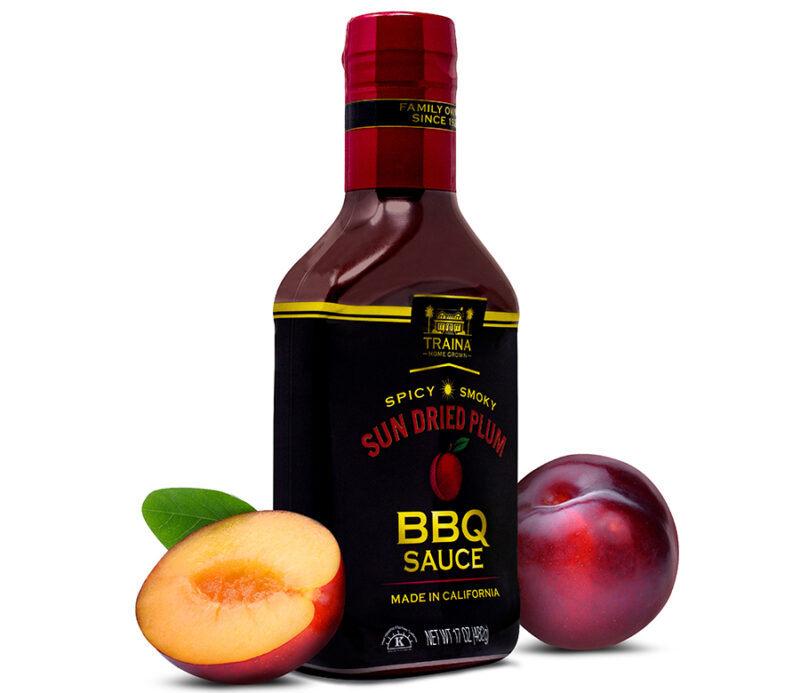 Single 17 oz squeeze bottle of Sun Dried Plum BBQ Sauce, featuring a tart-sweet blend of dried plums, tomatoes, and herbs. Easy to use for basting or dipping.