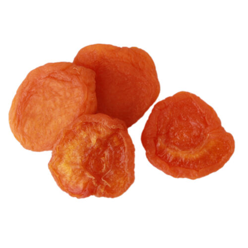 Small pile of loose California Sun Dried Apricots, Jumbo Halves from Traina Home Grown, showcasing five pieces. Available for purchase in 2 lb and 5 lb resealable bags.