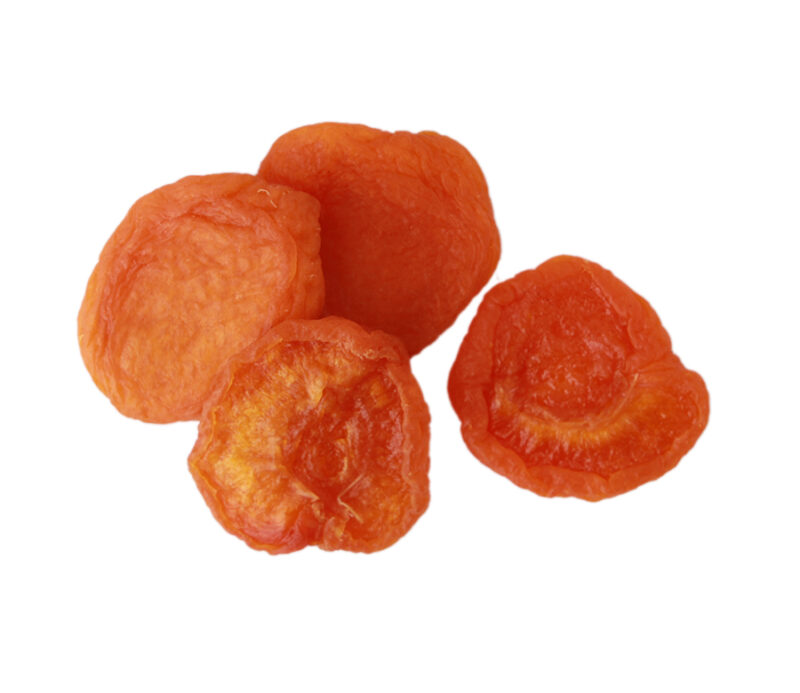 Small pile of loose California Sun Dried Apricots, Jumbo Halves from Traina Home Grown, showcasing five pieces. Available for purchase in 2 lb and 5 lb resealable bags.