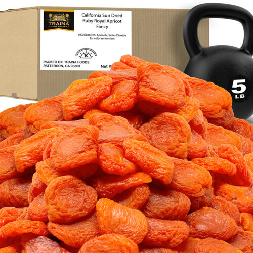 5 lb box of Sun Dried Ruby Royal Apricots, Fancy with a large pile of dried apricots. Arrives in a fold over food grade packaging.