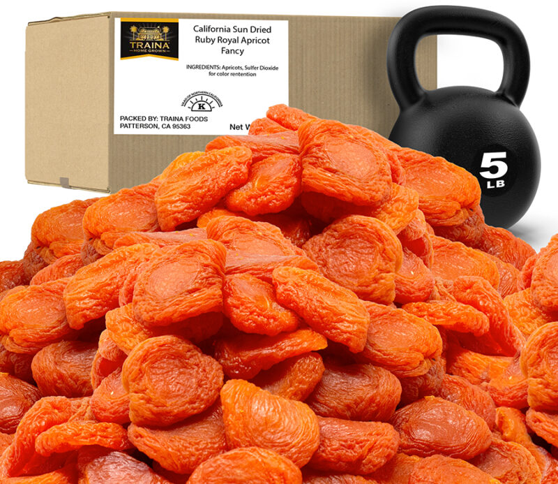 5 lb box of Sun Dried Ruby Royal Apricots, Fancy with a large pile of dried apricots. Arrives in a fold over food grade packaging.