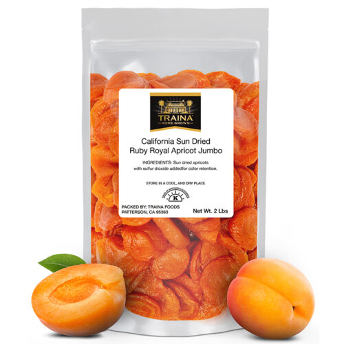 2 lb bag of California Sun Dried Jumbo Apricot halves in resealable plastic packaging