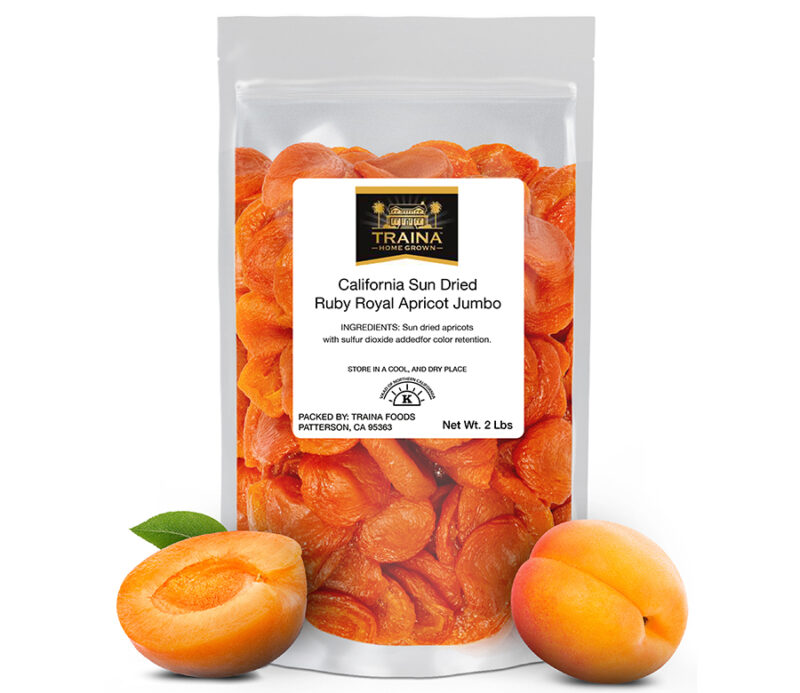 2 lb bag of California Sun Dried Jumbo Apricot halves in resealable plastic packaging