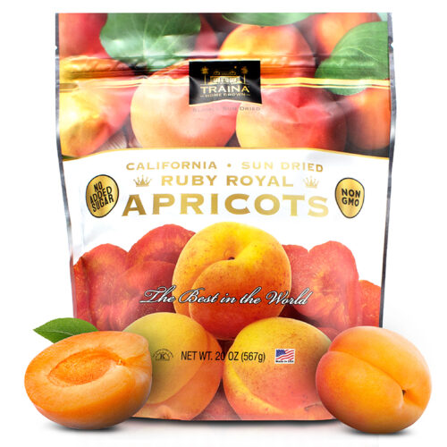 Traina Home Grown 20 oz resealable bag of California Sun Dried Ruby Royal Apricots. Fruit has a vibrant orange-red color, sweet-tangy flavor.