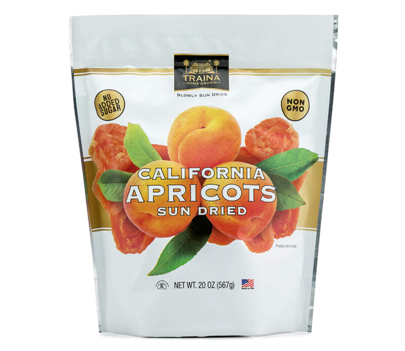 20 oz bag of California Sun Dried Fancy Apricot halves in convenient, resealable packaging.