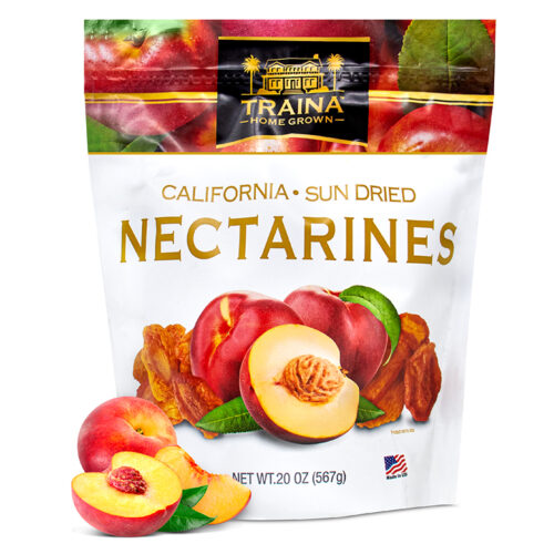 California Sun Dried Nectarines with vibrant orange-yellow hue, offered in 20 oz resealable bag, perfect for snacking, baking, and adding to salads.