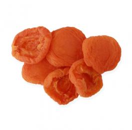 Small pile of loose California Sun Dried Apricots, Fancy Halves from Traina Home Grown, showcasing five pieces of fruit. Available for purchase in 2 lb. and 5 lb. sizes. resealable bags